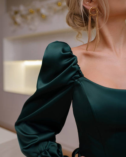 Women Mini Dress in Dense Mango Satin with Puff Sleeves
