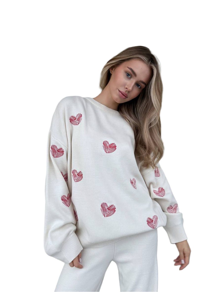 Women Heart Pattern Fine Knit Two-Piece Suit White