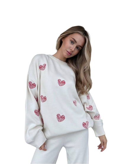 Women Heart Pattern Fine Knit Two-Piece Suit White