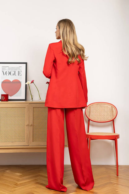 Red Diagonal Crepe Palazzo Suit Women Tailored Blazer Wide Leg Pants