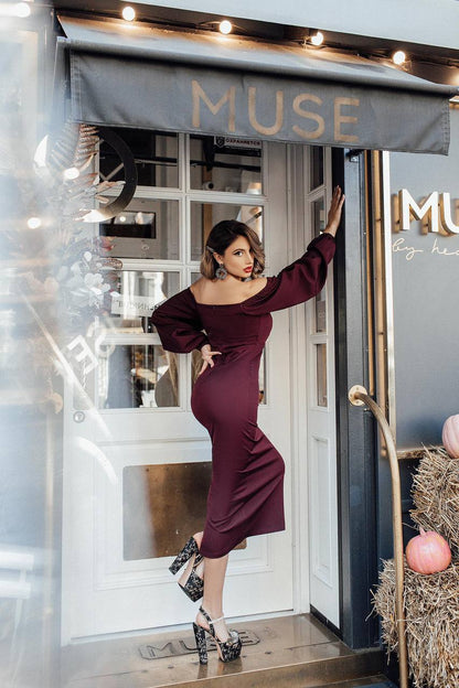 Elegant Burgundy Midi Dress with Puff Sleeves for Women
