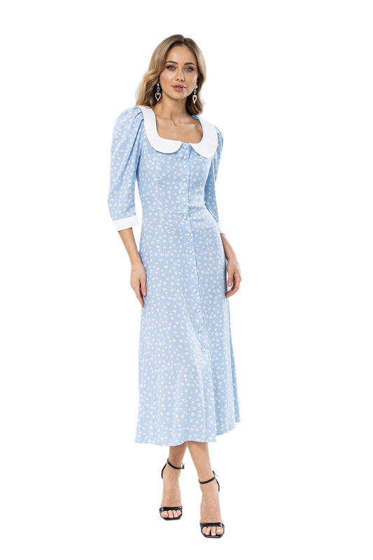 Light Blue Floral Midi Dress with White Peter Pan Collar and Button Front