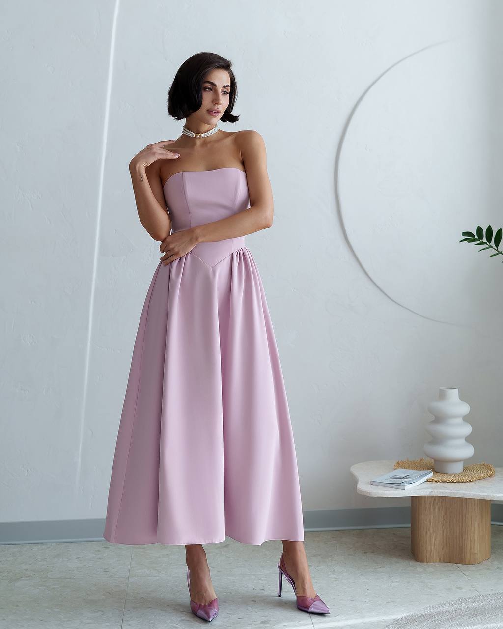 Strapless Midi Dress Women Premium Crepe Fabric Elegant Cocktail Dress