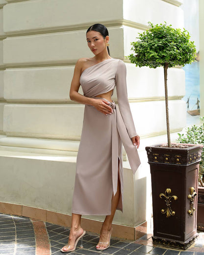 Asymmetric One Sleeve Midi Dress in Light Beige Satin