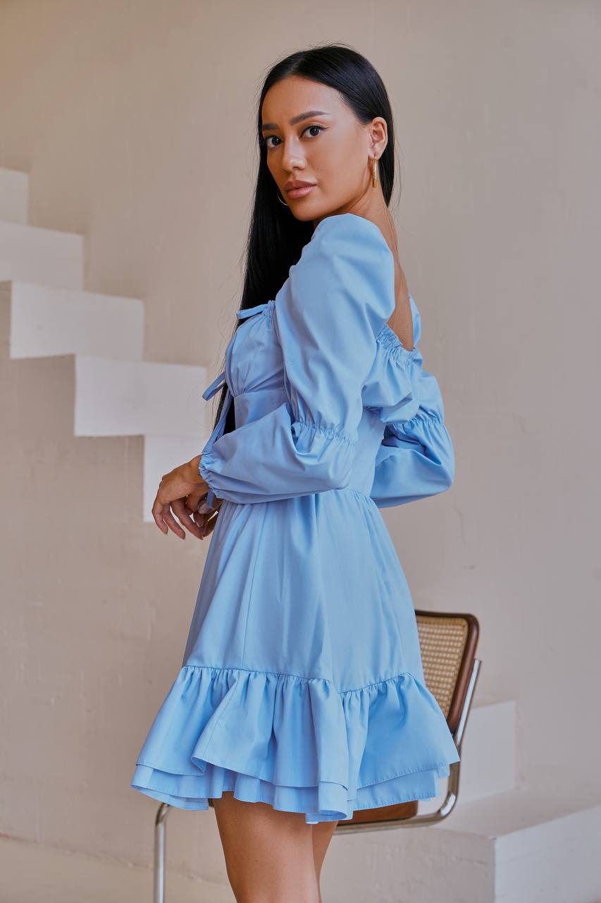 Blue Cotton Casual Dress with Puffy Sleeves and Ruffle Hem