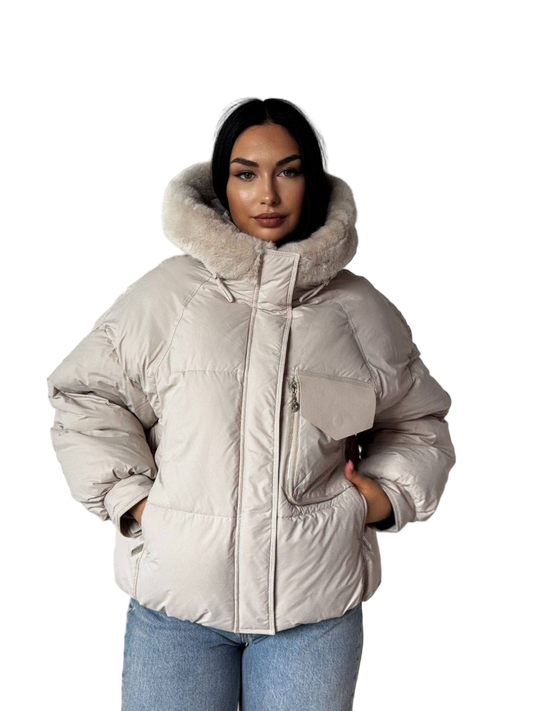 Womens Winter Puffer Jacket with Natural Fur Hood Beige