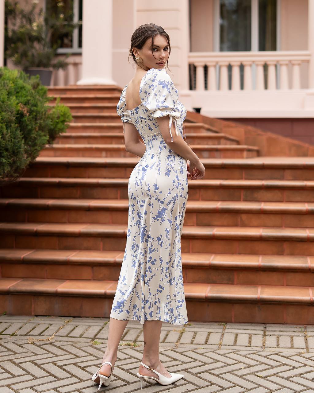 Elegant Printed Silk Midi Dress with Puff Sleeve