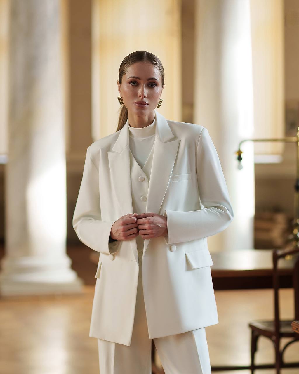 Womens White Three Piece Suit Premium Crepe Diagonal Fabric