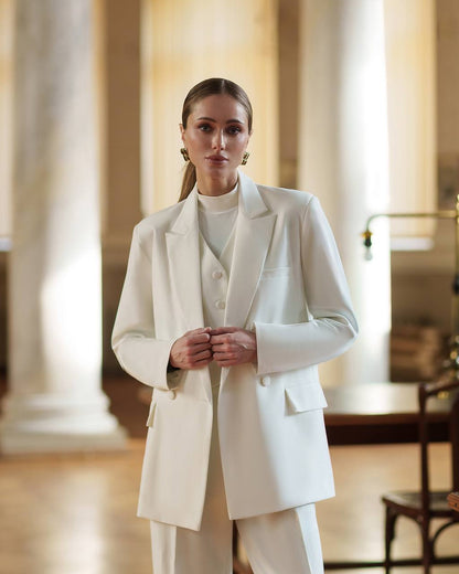 Womens White Three Piece Suit Premium Crepe Diagonal Fabric
