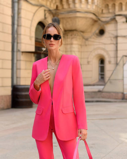 Womens Collarless Suit Jacket with Matching Pants in Raspberry