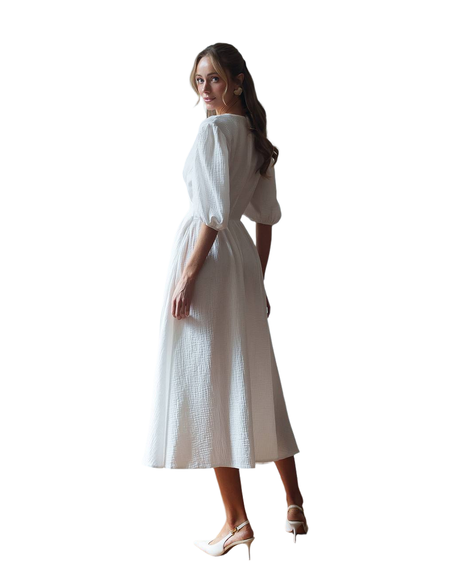 Woman wearing a white dress on a white background