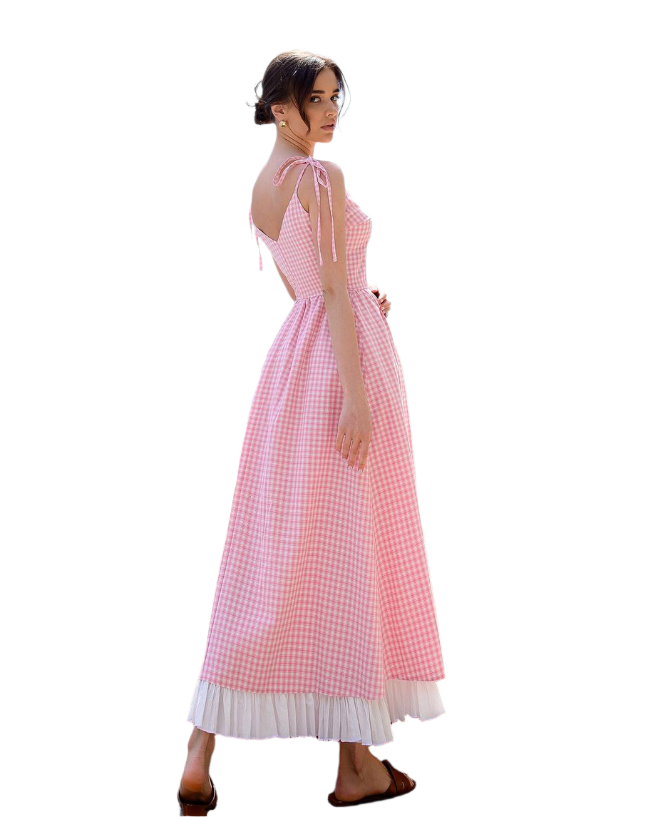 Pink Checked Cotton Sundress with Crinkled Batiste Lining for Women