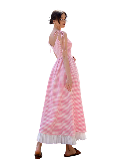 Pink Checked Cotton Sundress with Crinkled Batiste Lining for Women