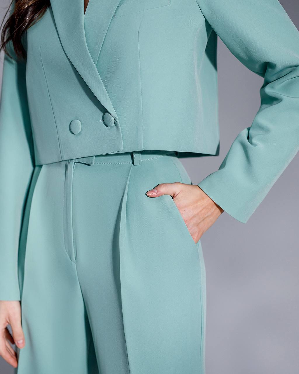 Womens Cropped Jacket Suit With High Waist Slit Trousers