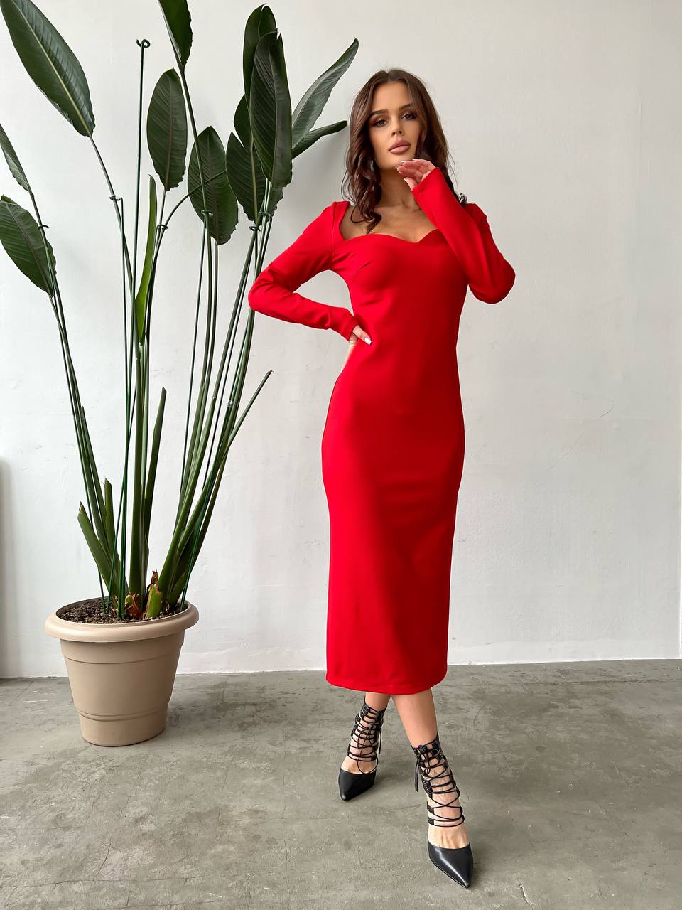 Red Long Sleeve Bodycon Midi Dress French Knitwear Alex Premium
