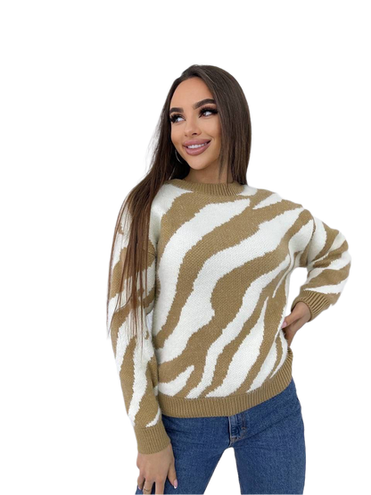Woman wearing a zebra print sweater on a white background