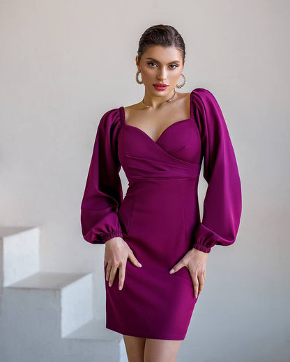 Elegant Burgundy Mini Dress with Puff Sleeves