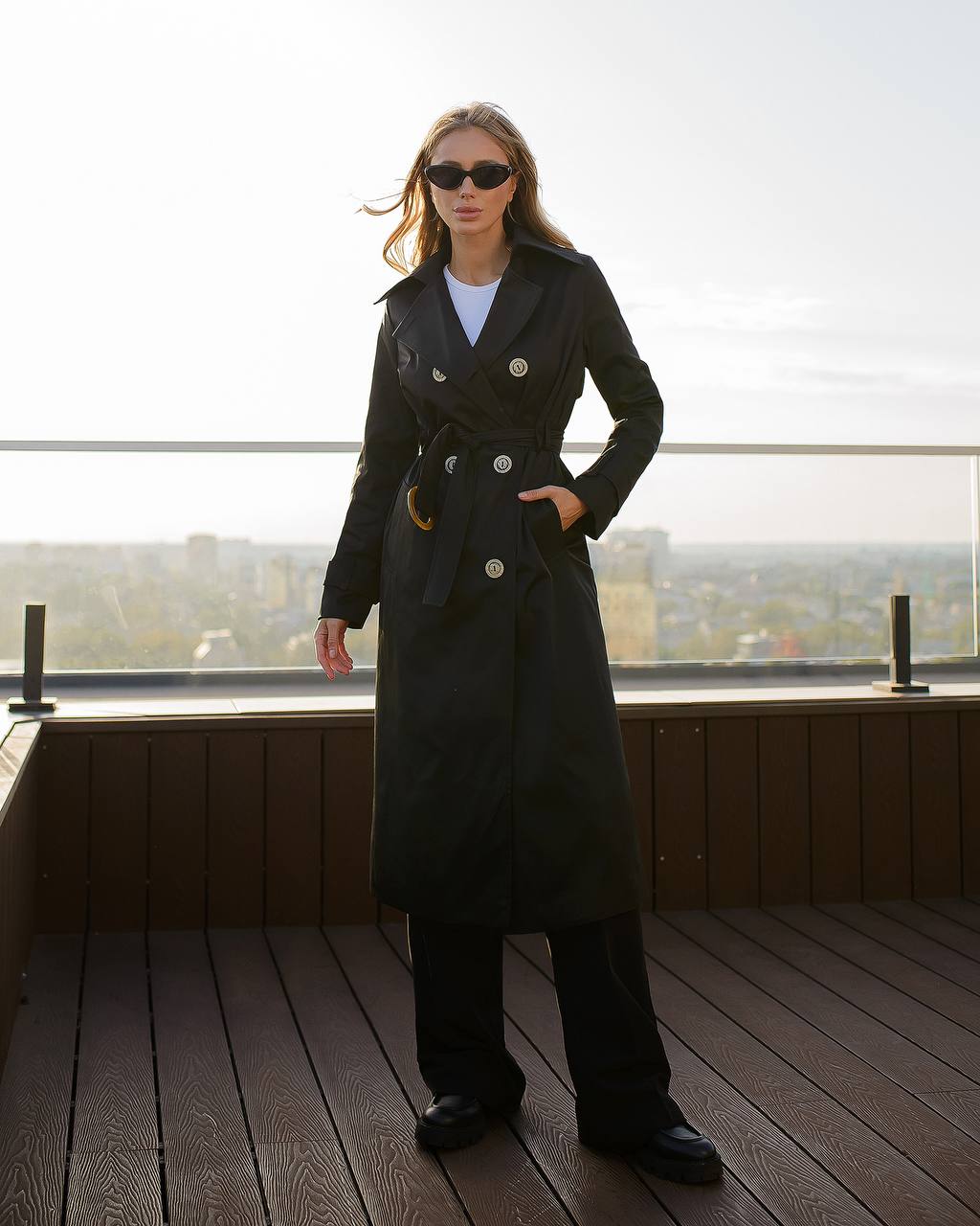 Stylish Black Trench Coat for Women with Belt and Pockets