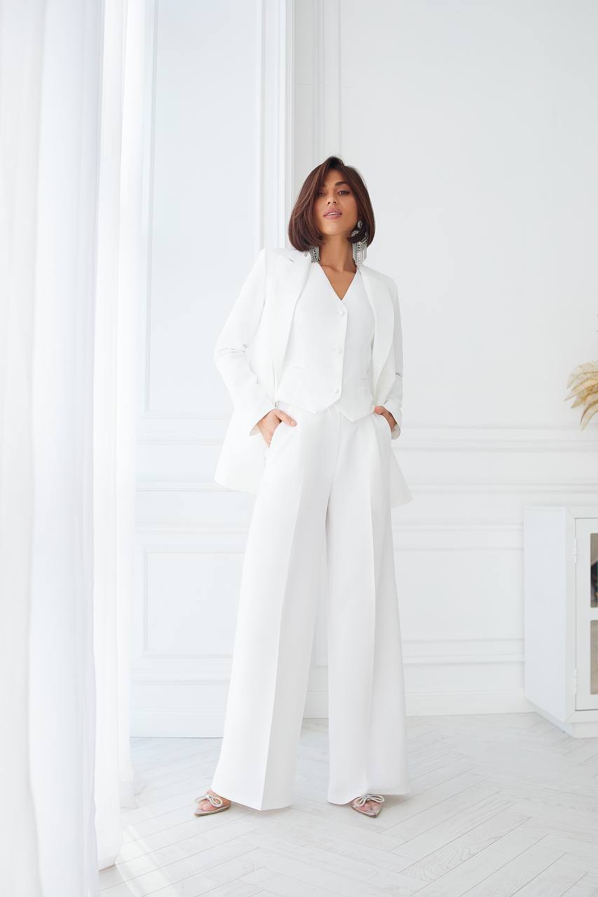 White Three Piece Womens Suit Premium Diagonal Crepe Lined Vest Jacket Trousers