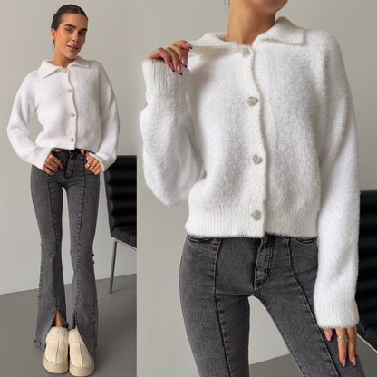 Woman wearing a white cardigan and gray jeans, with close-up of the cardigan.