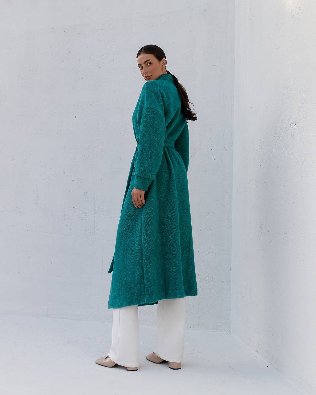 Womens Silva Fluffy Cardigan Long Sleeve Belted Coat Emerald Green