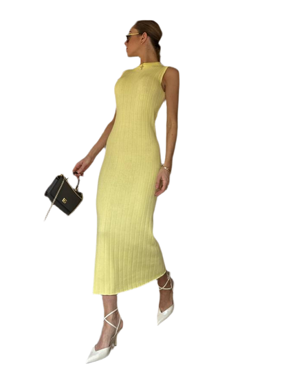 Seamless Knitted Midi Dress for Women in Light Yellow