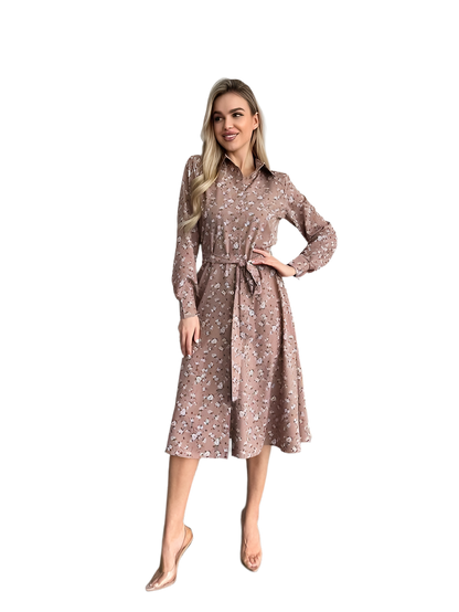 Spring Floral Print Midi Dress with Belt