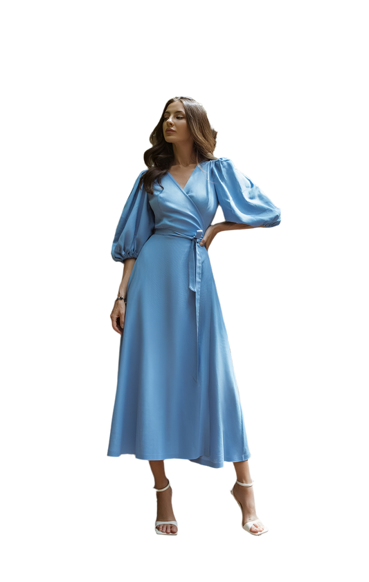 Elegant Linen Wrap Sundress in Sky Blue with Puff Sleeves