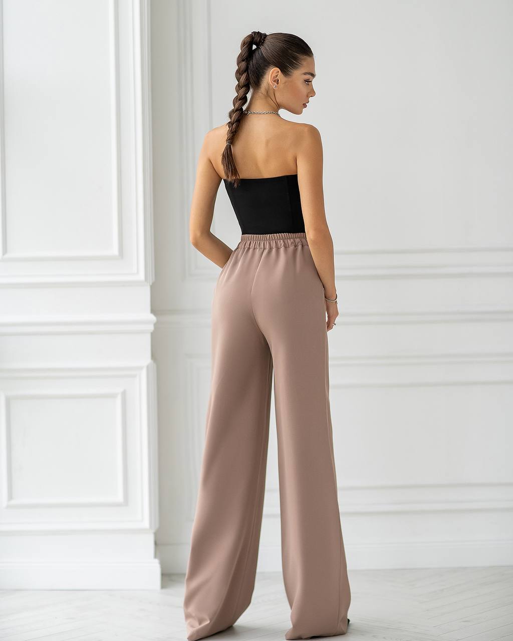 Women Elastic Back Wide Leg Pants Premium Suit Crepe Diagonal