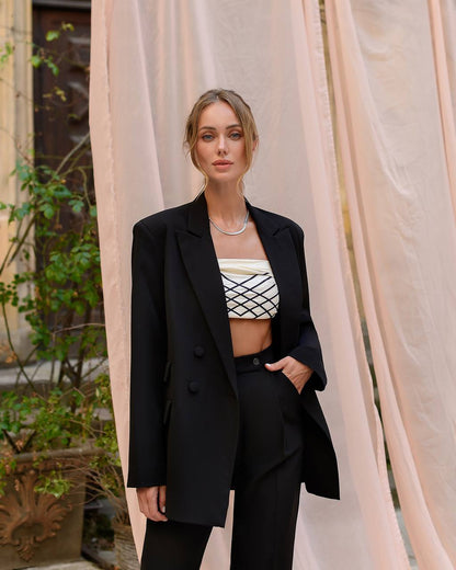 Women Elegant Double-Breasted Suit in Dense Luxury Diagonal Crepe