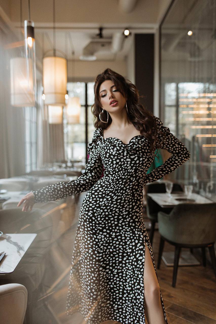 Black and Cream Stain Print Dress with Long Sleeves and Side Slit