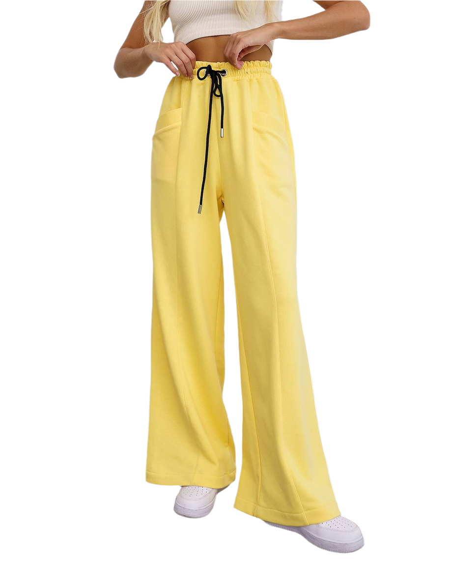 Yellow wide-leg pants with a drawstring waist on a white background