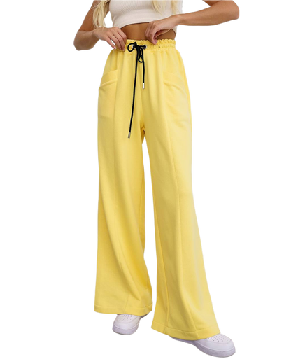 Yellow wide-leg pants with a drawstring waist on a white background