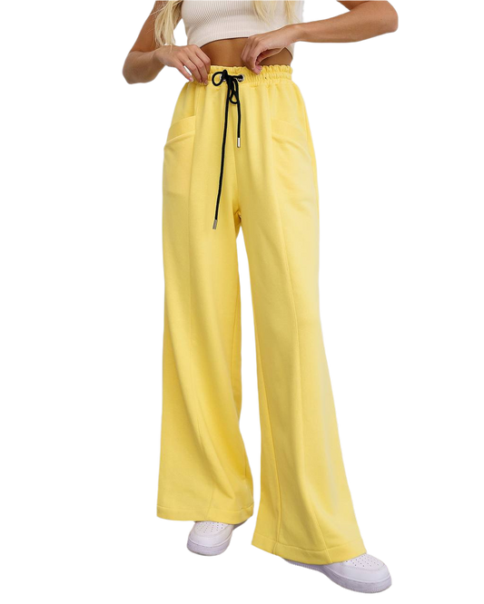 Yellow wide-leg pants with a drawstring waist on a white background