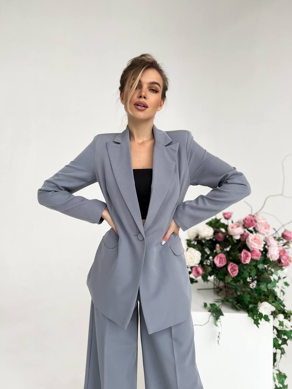 Gray Palazzo Suit Women Diagonal Crepe Tailored Blazer and Wide Leg Trousers