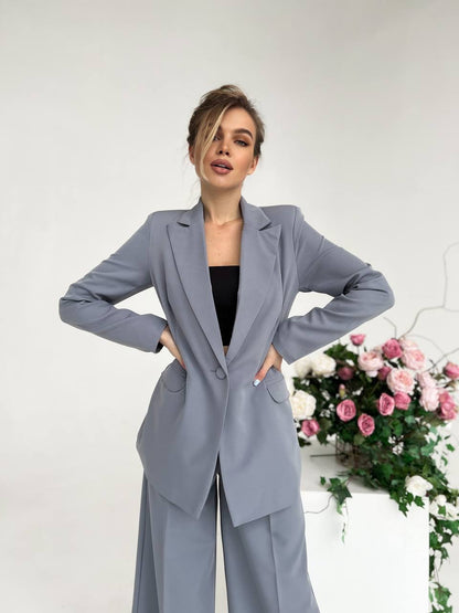 Gray Palazzo Suit Women Diagonal Crepe Tailored Blazer and Wide Leg Trousers