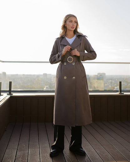Stylish Cotton Trench Coat with Pockets and Belted Waist for Chic Fall Look