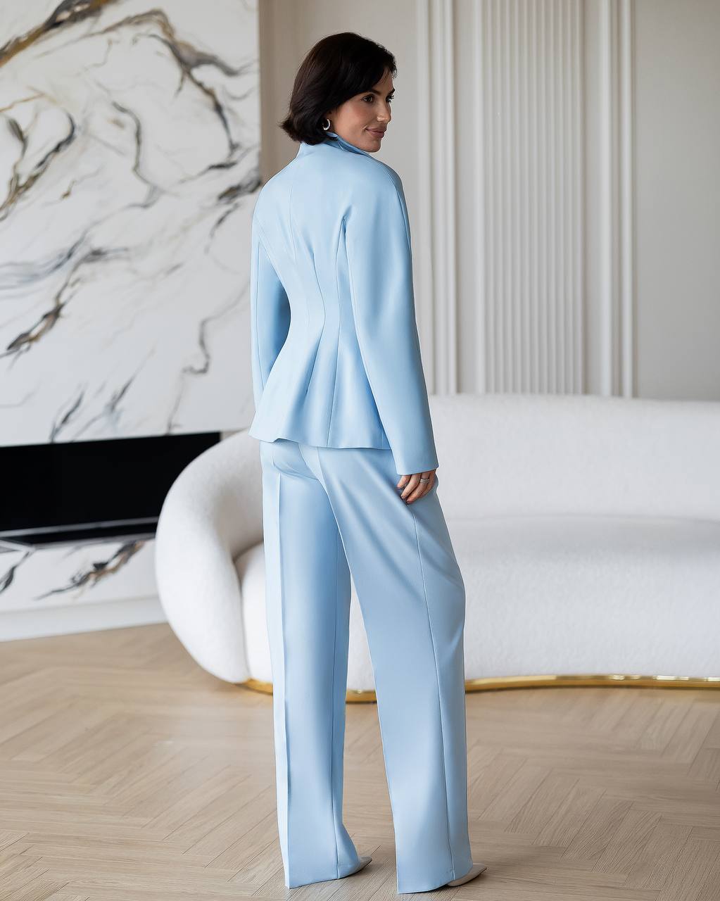 Womens Two Piece Tailored Suit with Stand Collar Blazer and Trousers
