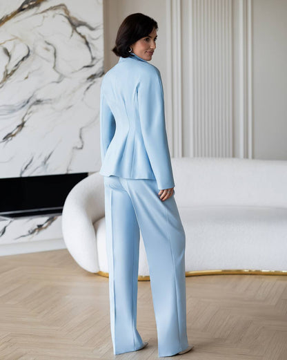 Womens Two Piece Tailored Suit with Stand Collar Blazer and Trousers
