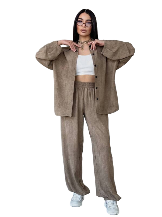 Casual Loose Fit Two-Piece Brown Crepe Suit