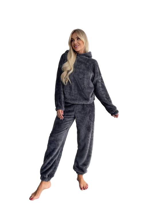 Womens Warm Hooded Loungewear Set Double Sided Terry Dark Gray