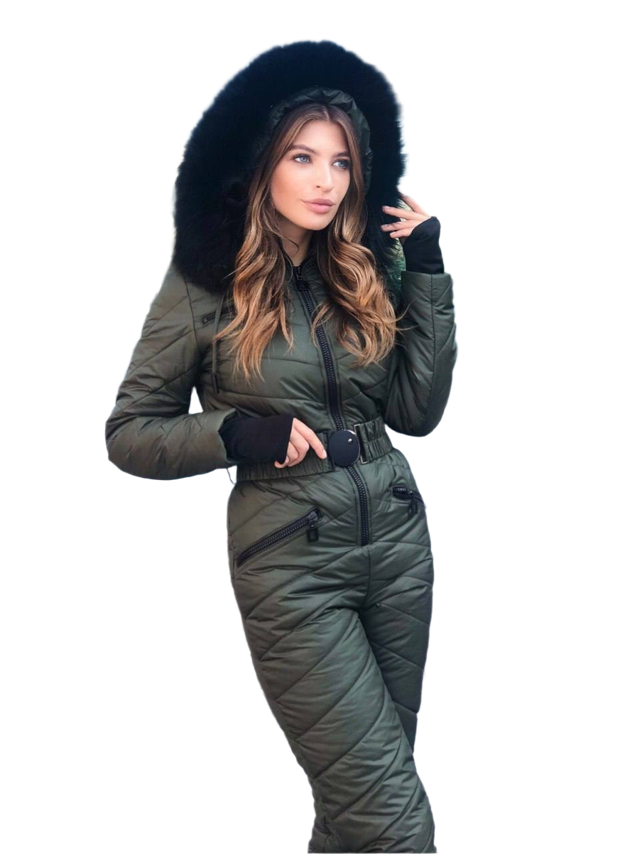 Woman wearing a green winter suit with a fur-lined hood on a white background