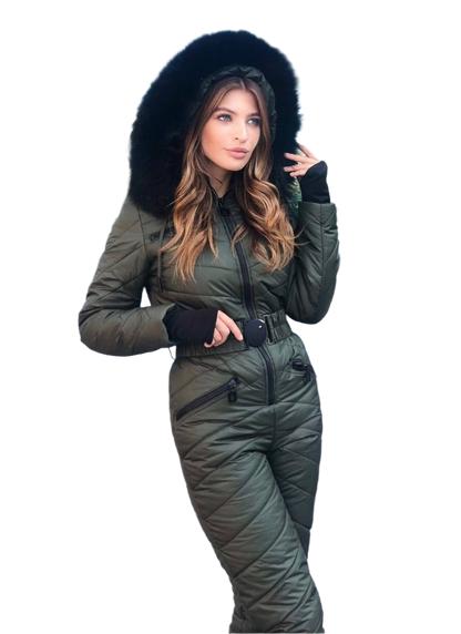 Woman wearing a green winter suit with a fur-lined hood on a white background