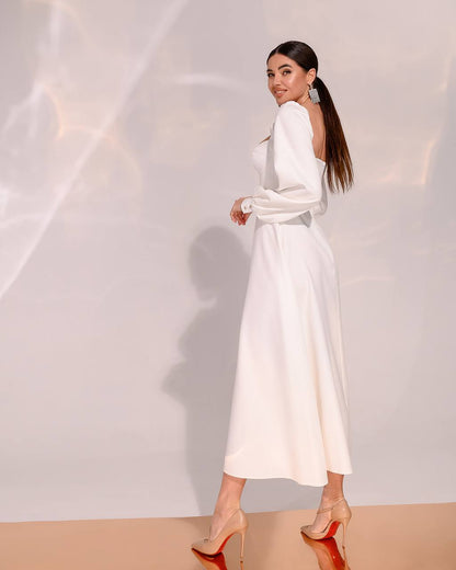 White Midi Dress with Cups and Long Puff Sleeves for Women