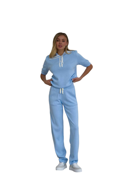 Lux Quality Women's Light Blue Suit Set with Knit Pants and Top