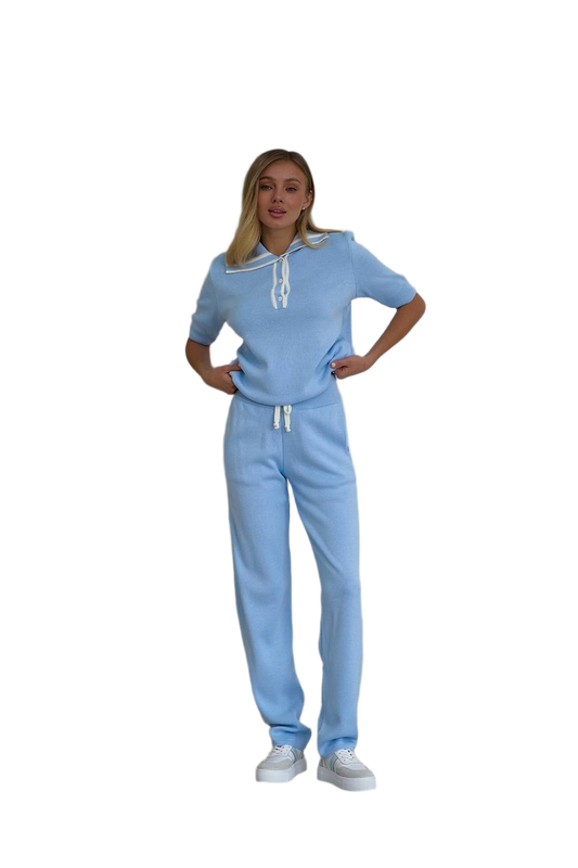 Lux Quality Women's Light Blue Suit Set with Knit Pants and Top