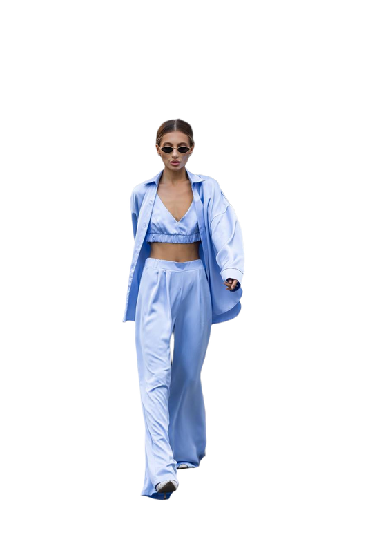 Luxury Satin Three-Piece Women's Suit Light Blue