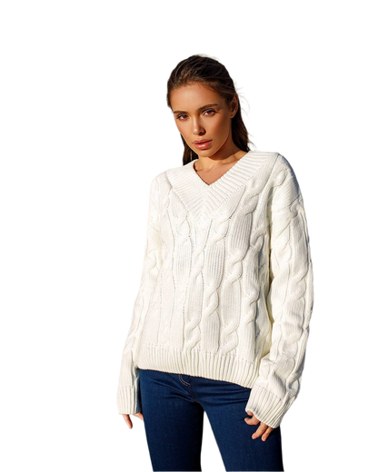 Womens Cable Knit V Neck Sweater High Quality Yarn