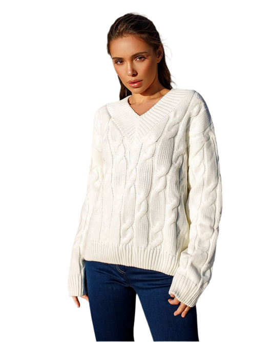 Womens Cable Knit V Neck Sweater High Quality Yarn