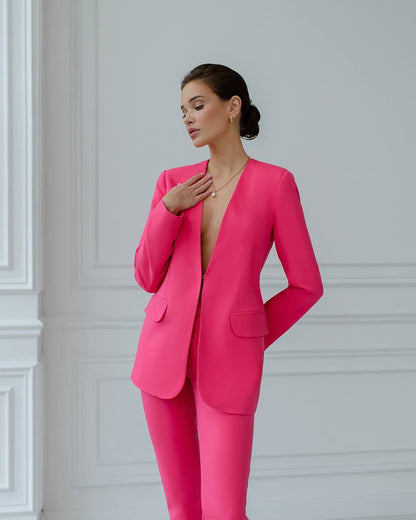 Womens Collarless Suit Jacket with Matching Pants in Raspberry